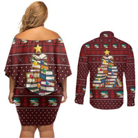 Book Pine Merry Christmas Couples Matching Off Shoulder Short Dress and Long Sleeve Button Shirt Xmas Holiday Patterns - Wonder Print Shop