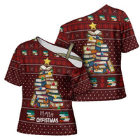 Book Pine Merry Christmas Cross Shoulder Shirt Xmas Holiday Patterns - Wonder Print Shop
