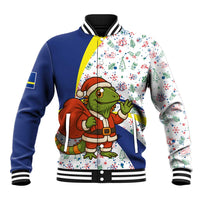 Curacao Christmas Baseball Jacket with Santa Lizard Crown Gifts Snowflakes and Holiday Icons Design - Wonder Print Shop