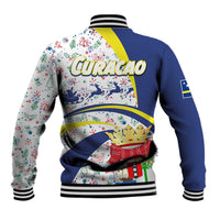Curacao Christmas Baseball Jacket with Santa Lizard Crown Gifts Snowflakes and Holiday Icons Design - Wonder Print Shop