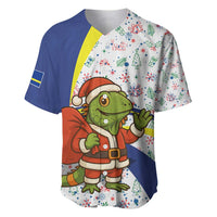 Curacao Christmas Baseball Jersey with Santa Lizard Crown Gifts Snowflakes and Holiday Icons Design - Wonder Print Shop