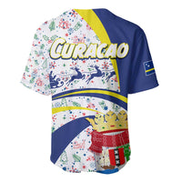 Curacao Christmas Baseball Jersey with Santa Lizard Crown Gifts Snowflakes and Holiday Icons Design - Wonder Print Shop