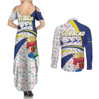Curacao Christmas Couples Matching Summer Maxi Dress and Long Sleeve Button Shirt with Santa Lizard Crown Gifts Snowflakes and Holiday Icons Design - Wonder Print Shop