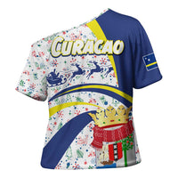 Curacao Christmas Cross Shoulder Shirt with Santa Lizard Crown Gifts Snowflakes and Holiday Icons Design - Wonder Print Shop