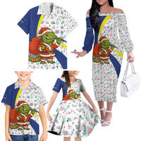 Curacao Christmas Family Matching Off The Shoulder Long Sleeve Dress and Hawaiian Shirt with Santa Lizard Crown Gifts Snowflakes and Holiday Icons Design - Wonder Print Shop