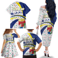 Curacao Christmas Family Matching Off The Shoulder Long Sleeve Dress and Hawaiian Shirt with Santa Lizard Crown Gifts Snowflakes and Holiday Icons Design - Wonder Print Shop