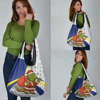 Curacao Christmas Grocery Bag with Santa Lizard Crown Gifts Snowflakes and Holiday Icons Design - Wonder Print Shop