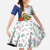 Curacao Christmas Kid Short Sleeve Dress with Santa Lizard Crown Gifts Snowflakes and Holiday Icons Design - Wonder Print Shop