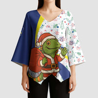 Curacao Christmas Kimono Sleeve Blouse with Santa Lizard Crown Gifts Snowflakes and Holiday Icons Design - Wonder Print Shop