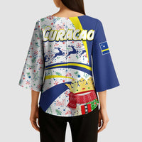 Curacao Christmas Kimono Sleeve Blouse with Santa Lizard Crown Gifts Snowflakes and Holiday Icons Design - Wonder Print Shop