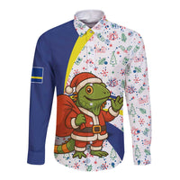 Curacao Christmas Long Sleeve Button Shirt with Santa Lizard Crown Gifts Snowflakes and Holiday Icons Design - Wonder Print Shop