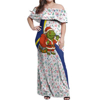 Curacao Christmas Off Shoulder Maxi Dress with Santa Lizard Crown Gifts Snowflakes and Holiday Icons Design - Wonder Print Shop