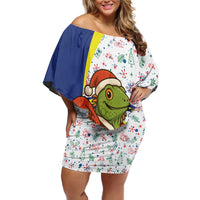 Curacao Christmas Off Shoulder Short Dress with Santa Lizard Crown Gifts Snowflakes and Holiday Icons Design - Wonder Print Shop