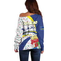 Curacao Christmas Off Shoulder Sweater with Santa Lizard Crown Gifts Snowflakes and Holiday Icons Design - Wonder Print Shop