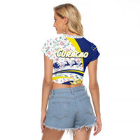 Curacao Christmas Raglan Cropped T Shirt with Santa Lizard Crown Gifts Snowflakes and Holiday Icons Design - Wonder Print Shop