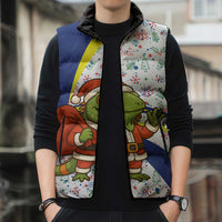 Curacao Christmas Sleeveless Puffer Jacket with Santa Lizard Crown Gifts Snowflakes and Holiday Icons Design - Wonder Print Shop