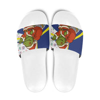 Curacao Christmas Slide Sandals with Santa Lizard Crown Gifts Snowflakes and Holiday Icons Design - Wonder Print Shop