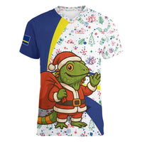 Curacao Christmas Women V-Neck T-Shirt with Santa Lizard Crown Gifts Snowflakes and Holiday Icons Design - Wonder Print Shop