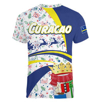 Curacao Christmas Women V-Neck T-Shirt with Santa Lizard Crown Gifts Snowflakes and Holiday Icons Design - Wonder Print Shop