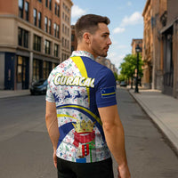 Curacao Christmas Zipper Polo Shirt with Santa Lizard Crown Gifts Snowflakes and Holiday Icons Design - Wonder Print Shop