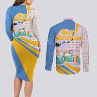 Somalia Christmas Couples Matching Long Sleeve Bodycon Dress and Long Sleeve Button Shirt with Santa Cheetah Christmas Tree Village Scene and Festive Snowflake - Wonder Print Shop
