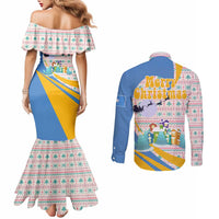 Somalia Christmas Couples Matching Mermaid Dress and Long Sleeve Button Shirt with Santa Cheetah Christmas Tree Village Scene and Festive Snowflake - Wonder Print Shop