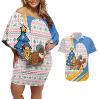 Somalia Christmas Couples Matching Off Shoulder Short Dress and Hawaiian Shirt with Santa Cheetah Christmas Tree Village Scene and Festive Snowflake - Wonder Print Shop