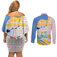 Somalia Christmas Couples Matching Off Shoulder Short Dress and Long Sleeve Button Shirt with Santa Cheetah Christmas Tree Village Scene and Festive Snowflake - Wonder Print Shop