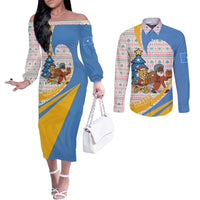 Somalia Christmas Couples Matching Off The Shoulder Long Sleeve Dress and Long Sleeve Button Shirt with Santa Cheetah Christmas Tree Village Scene and Festive Snowflake - Wonder Print Shop
