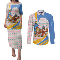 Somalia Christmas Couples Matching Puletasi and Long Sleeve Button Shirt with Santa Cheetah Christmas Tree Village Scene and Festive Snowflake - Wonder Print Shop