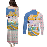 Somalia Christmas Couples Matching Puletasi and Long Sleeve Button Shirt with Santa Cheetah Christmas Tree Village Scene and Festive Snowflake - Wonder Print Shop