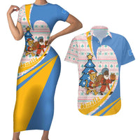 Somalia Christmas Couples Matching Short Sleeve Bodycon Dress and Hawaiian Shirt with Santa Cheetah Christmas Tree Village Scene and Festive Snowflake - Wonder Print Shop