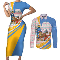 Somalia Christmas Couples Matching Short Sleeve Bodycon Dress and Long Sleeve Button Shirt with Santa Cheetah Christmas Tree Village Scene and Festive Snowflake - Wonder Print Shop