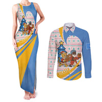 Somalia Christmas Couples Matching Tank Maxi Dress and Long Sleeve Button Shirt with Santa Cheetah Christmas Tree Village Scene and Festive Snowflake - Wonder Print Shop
