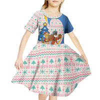 Somalia Christmas Kid Short Sleeve Dress with Santa Cheetah Christmas Tree Village Scene and Festive Snowflake - Wonder Print Shop