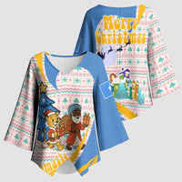 Somalia Christmas Kimono Sleeve Blouse with Santa Cheetah Christmas Tree Village Scene and Festive Snowflake - Wonder Print Shop