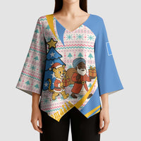 Somalia Christmas Kimono Sleeve Blouse with Santa Cheetah Christmas Tree Village Scene and Festive Snowflake - Wonder Print Shop