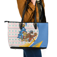 Somalia Christmas Leather Tote Bag with Santa Cheetah Christmas Tree Village Scene and Festive Snowflake - Wonder Print Shop