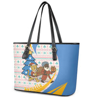 Somalia Christmas Leather Tote Bag with Santa Cheetah Christmas Tree Village Scene and Festive Snowflake - Wonder Print Shop
