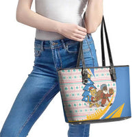 Somalia Christmas Leather Tote Bag with Santa Cheetah Christmas Tree Village Scene and Festive Snowflake - Wonder Print Shop