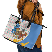 Somalia Christmas Leather Tote Bag with Santa Cheetah Christmas Tree Village Scene and Festive Snowflake - Wonder Print Shop