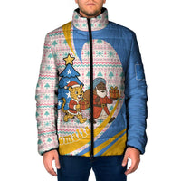 Somalia Christmas Padded Jacket with Santa Cheetah Christmas Tree Village Scene and Festive Snowflake - Wonder Print Shop