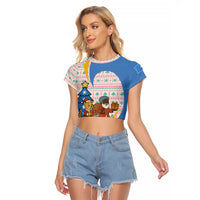 Somalia Christmas Raglan Cropped T Shirt with Santa Cheetah Christmas Tree Village Scene and Festive Snowflake - Wonder Print Shop