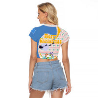 Somalia Christmas Raglan Cropped T Shirt with Santa Cheetah Christmas Tree Village Scene and Festive Snowflake - Wonder Print Shop