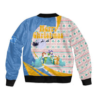 Somalia Christmas Sleeve Zip Bomber Jacket with Santa Cheetah Christmas Tree Village Scene and Festive Snowflake - Wonder Print Shop