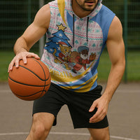 Somalia Christmas Sleeveless Hoodie with Santa Cheetah Christmas Tree Village Scene and Festive Snowflake - Wonder Print Shop