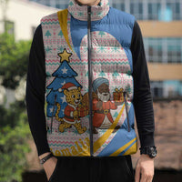 Somalia Christmas Sleeveless Puffer Jacket with Santa Cheetah Christmas Tree Village Scene and Festive Snowflake - Wonder Print Shop