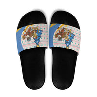 Somalia Christmas Slide Sandals with Santa Cheetah Christmas Tree Village Scene and Festive Snowflake - Wonder Print Shop