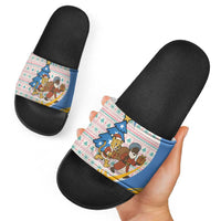 Somalia Christmas Slide Sandals with Santa Cheetah Christmas Tree Village Scene and Festive Snowflake - Wonder Print Shop