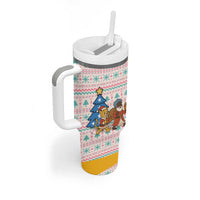 Somalia Christmas Tumbler With Handle with Santa Cheetah Christmas Tree Village Scene and Festive Snowflake - Wonder Print Shop